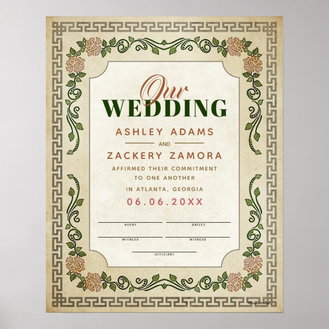 Poster Certificat de Mariage de vin Floral grec antique (Devant)