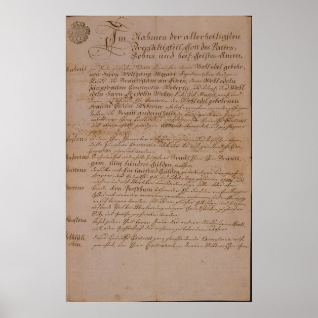 Poster Certificat de mariage de Wolfgang, Mozart et Weber (Devant)