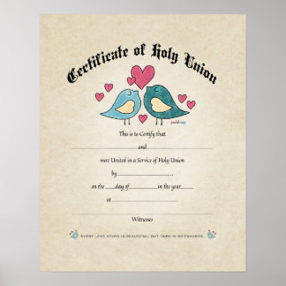 Poster Certificat de Mariage des Inséparables de la Saint