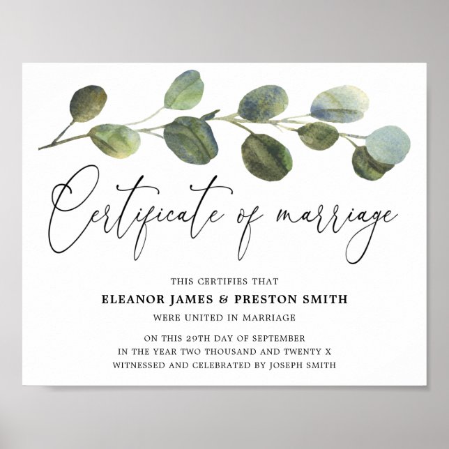 Poster Certificat de Mariage d'Eucalyptus botanique (Devant)