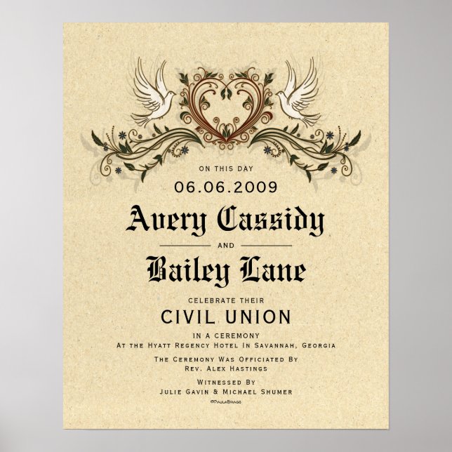 Poster Certificat de Mariage floral élégant "Union civile (Devant)