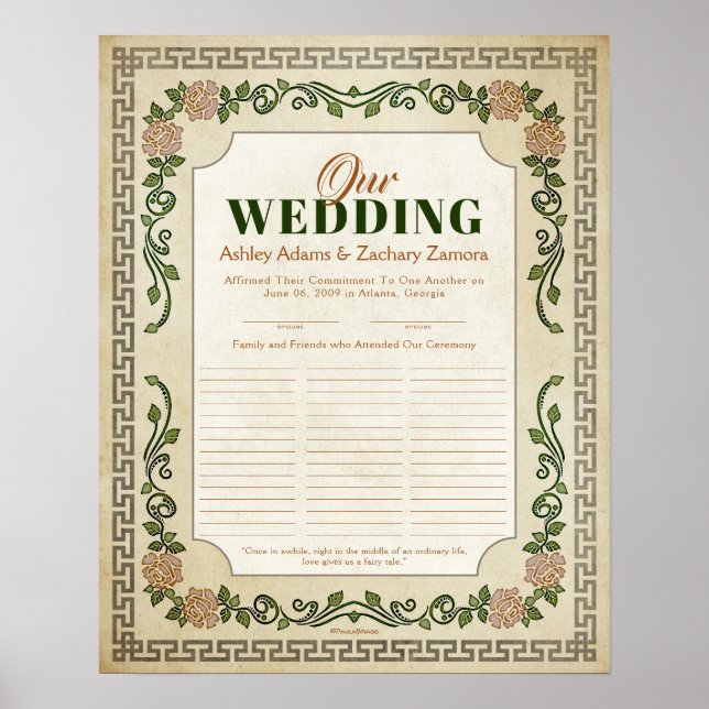 Poster Certificat de Mariage floral grec antique (Devant)