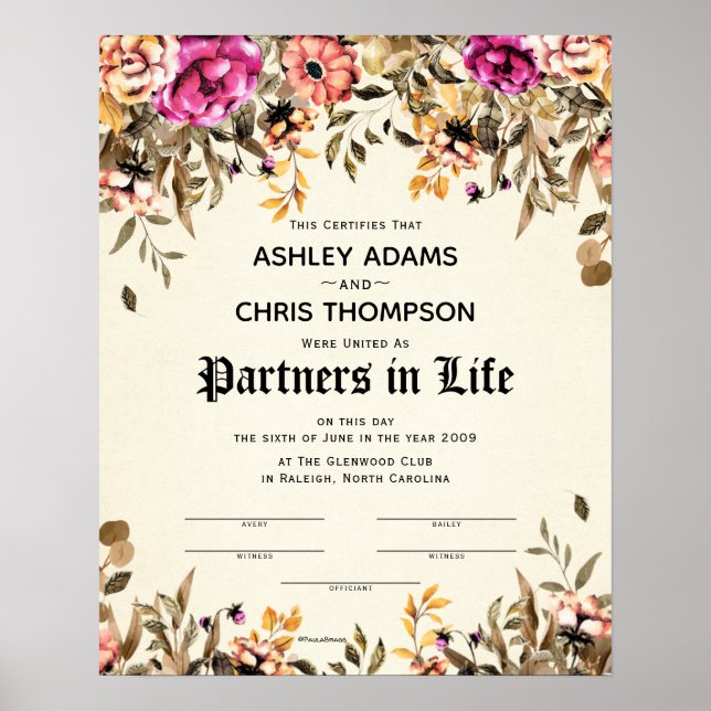 Poster Certificat de Mariage floral "Partenaires pour la  (Devant)