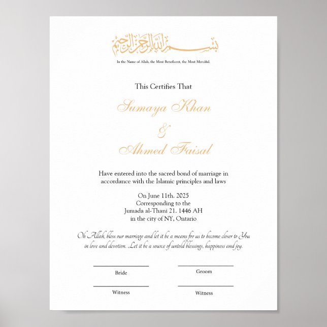 Poster Certificat de mariage islamique, certificat Nikkah (Devant)