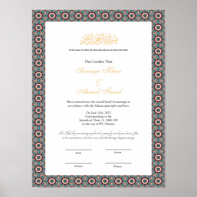 Poster certificat de mariage islamique nikkah (Devant)