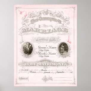 Poster Certificat de mariage pour papillon rose et ivoire
