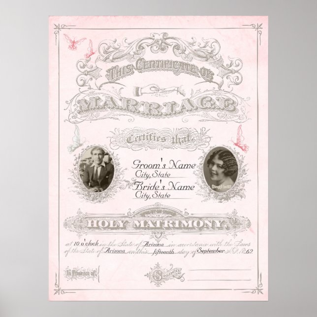 Poster Certificat de mariage pour papillon rose et ivoire (Devant)