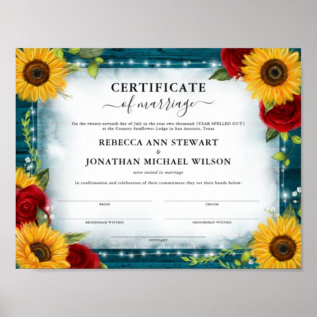 Poster Certificat de mariage turquoise Rose de tournesol (Devant)