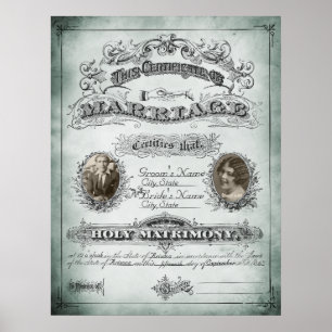 Poster Certificat de mariage Vintage Tone Sage