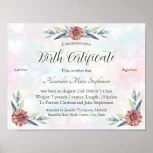 Poster Certificat de naissance Garder l'empreinte de bébé