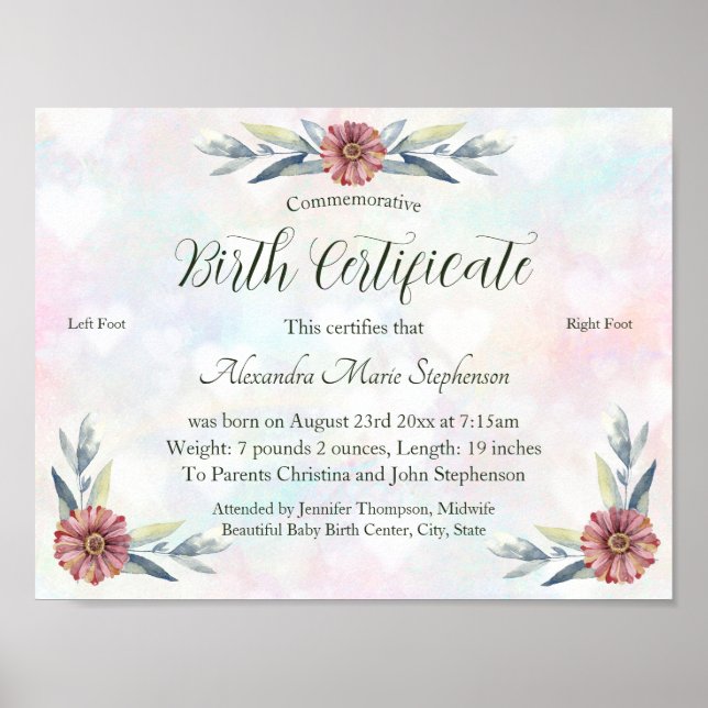 Poster Certificat de naissance Garder l'empreinte de bébé (Devant)