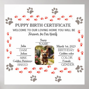 Poster Certificat de naissance personnalisé de chiot