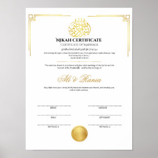 Poster Certificat de Nikah en or élégant avec sceau