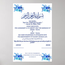 Certificat de Nikah islamique aquarelle bleu royal