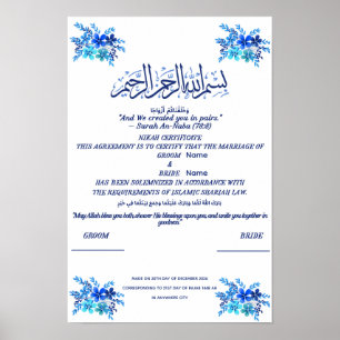 Poster Certificat de Nikah islamique aquarelle bleu royal