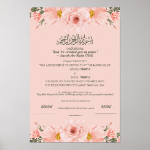 Poster Certificat de Nikah islamique Aquarelle rose tend