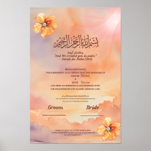 Poster Certificat de Nikah islamique Peach Floral & Perle