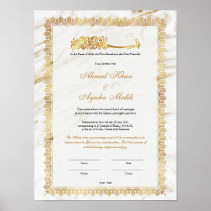 Poster Certificat de Nikkah en or pour mariage islamique 