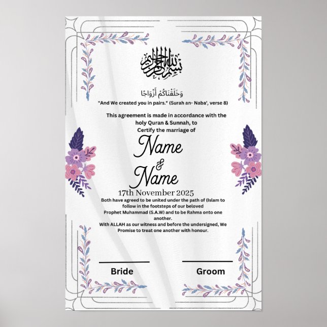 Poster Certificat de nikkah fleuri et violet islamique (Devant)