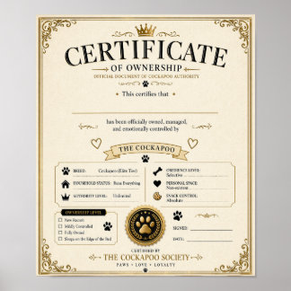 Poster Certificat de Propriétaire de Cockapoo Personnalis