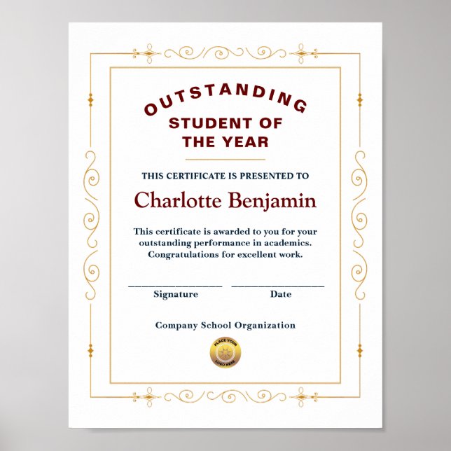 Poster Certificat de réussite de l'étudiant de l'année su (Devant)