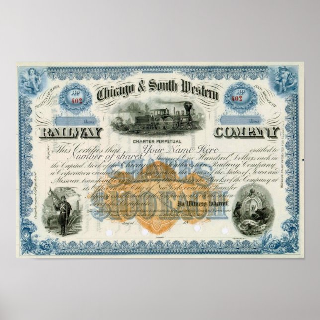 Poster Certificat de Stock de la nouvelle Chicago & South (Devant)