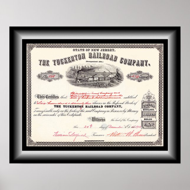 Poster Certificat de Stock de Tuckerton Railroad Company  (Devant)