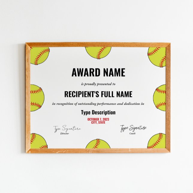 Poster Certificat d'excellence de softball (Créateur téléchargé)