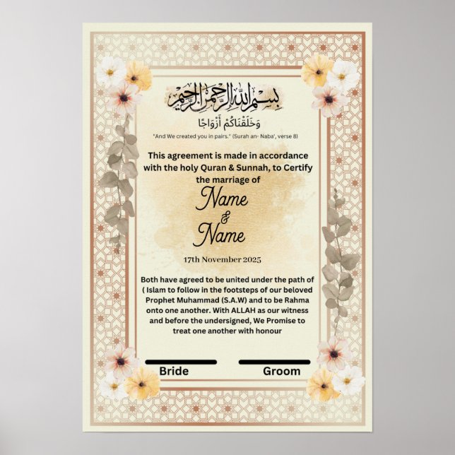 Poster Certificat floral nikkah (Devant)
