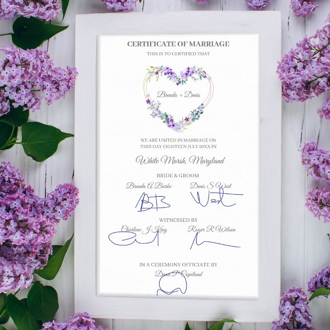 Poster Certificat mariage Aquarelle violette Coeur floral (Créateur téléchargé)