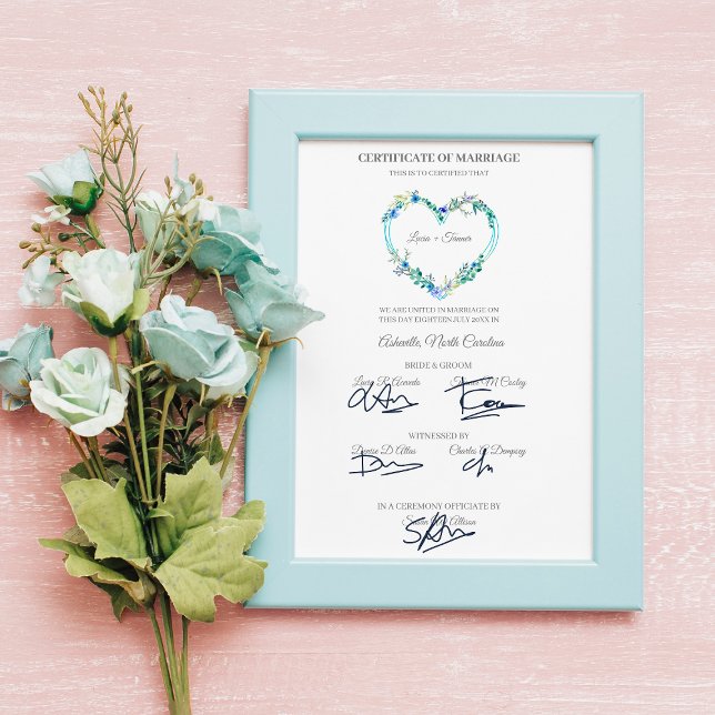 Poster Certificat mariage Blue Floral Heart (Créateur téléchargé)