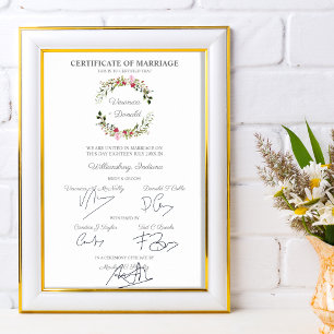 Poster Certificat mariage Couronne florale rouge et rose
