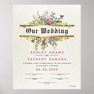 Poster Certificat Mariage de bannière florale d'engagemen