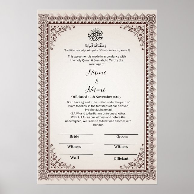 Poster Certificat Nikkah frontière florale islamique (Devant)