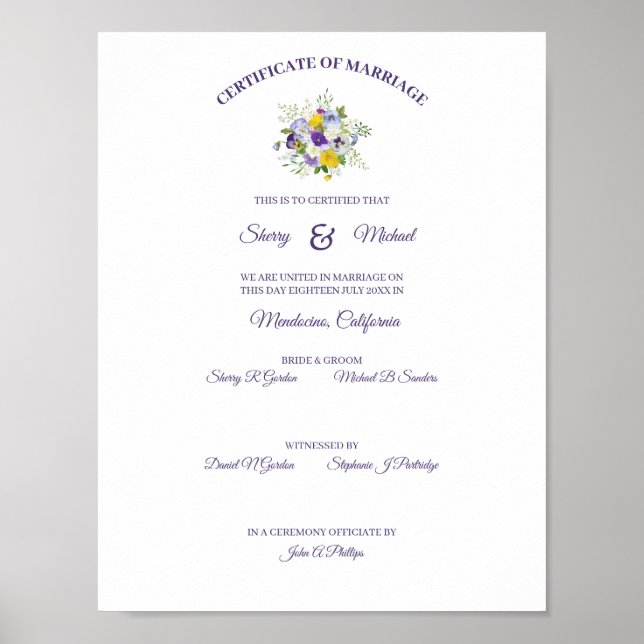 Poster Certificat simple Roses floraux Pansy Bouquet (Devant)