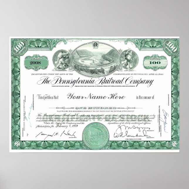 Poster Certificat Stock Pennsylvania Railroad CUSTOM (Devant)
