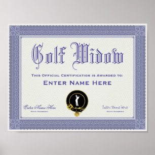 Poster Certification de veuve de golf drôle