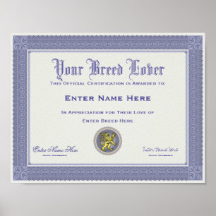 Poster Certification personnalisée de l'amoureux de race 
