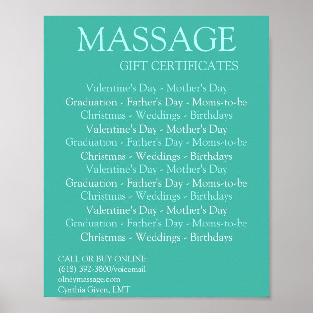 Poster Certificats cadeaux de massage BLUE (Devant)