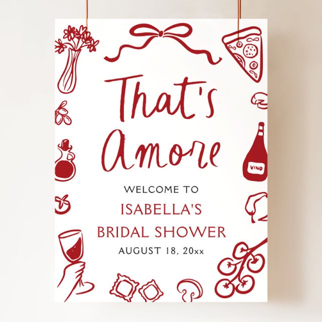 Poster C'est Amore Italie Fête des mariées rouge Bienvenu (That's Amore Italian Red Bridal Shower Welcome Sign)