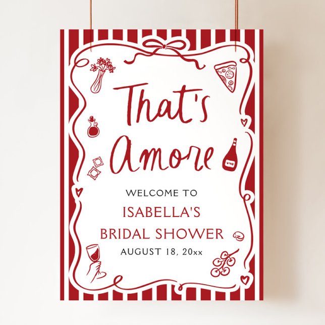 Poster C'est Amore Italie Fête des mariées rouge Bienvenu (Modern That's Amore Red Italian Pizza Pasta Wine Bridal Shower Welcome Sign)