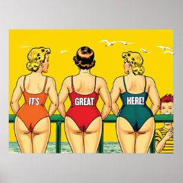 Poster C'est génial ici, jolies femmes sur une plage, drô