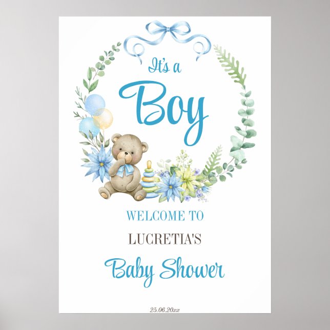 Poster C'est un garçon baby shower de couronne fleurie si (Devant)
