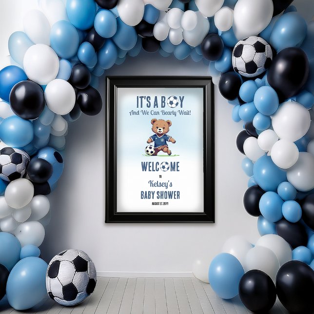 Poster C'est un garçon Bearly Wait Soccer Player Baby sho (Cute Blue "It's A Boy and We Can Bearly Wait!" Teddy Bear Soccer Player Boy Baby Shower Poster)