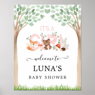 Poster C'est une fille Baby shower Woodland Bienvenue