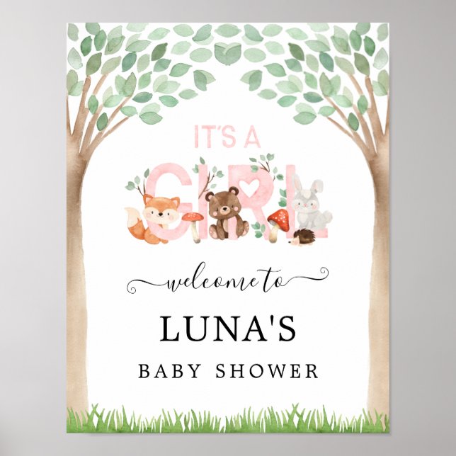Poster C'est une fille Baby shower Woodland Bienvenue (Devant)