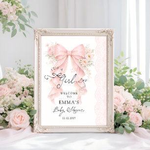 Poster C'est une fille Ruban rose Baby Shower Bienvenue