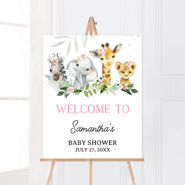 Poster C'est une fille Safari Animaux Baby shower Bienven (Pink Floral Jungle Safari Baby Shower Welcome Sign)