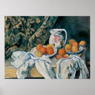 Poster Cézanne - Nature morte avec rideau et pichet fleur