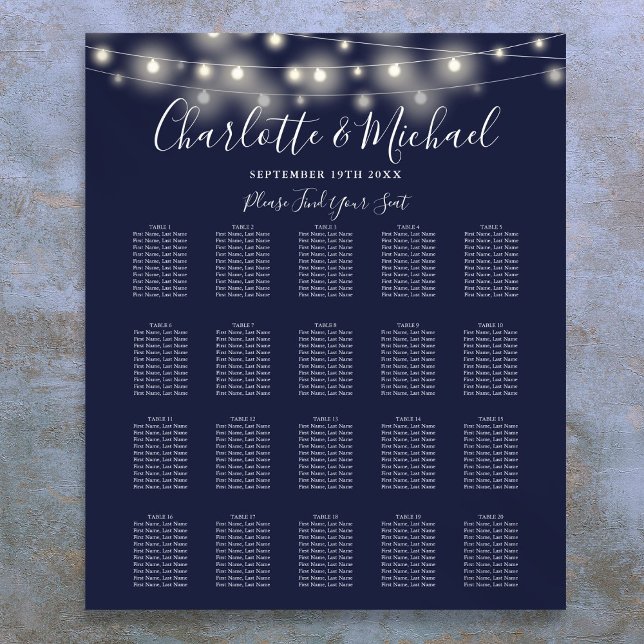 Poster Chaîne Lights Marine Mariage bleu carte de siège (String Lights Navy Blue Wedding Seating Chart)
